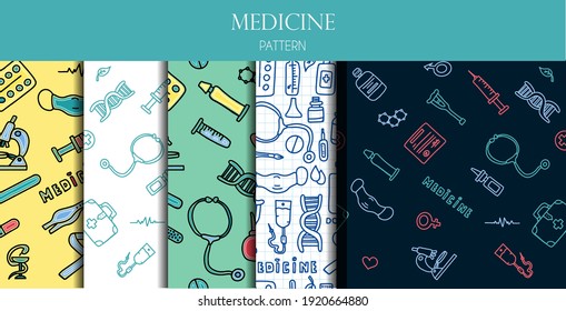 A set of medical seamless patterns. Medical doodle poster with medicines, test tubes and a thermometer. Big pharmacy set. Vector illustration card with hand-drawn pictures. Picture with DNA, drops