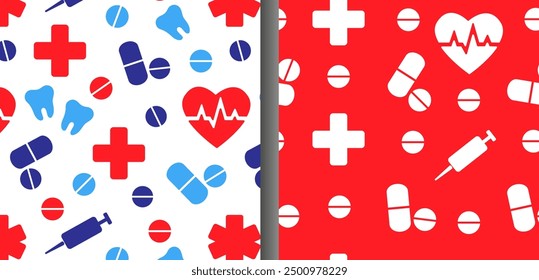 A set of medical seamless patterns.Health care, pharmacy. Template for print, wallpaper, wrapping, background.