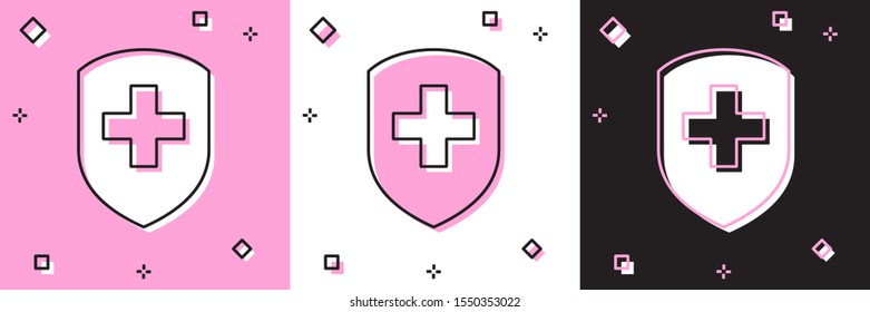 Set Medical shield with cross icon isolated on pink and white, black background. Protection, safety, password security.  Vector Illustration
