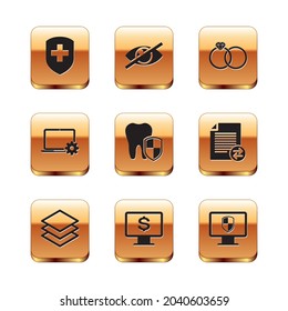 Set Medical shield with cross, Layers, Monitor dollar, Dental protection, Laptop and gear and Wedding rings icon. Vector
