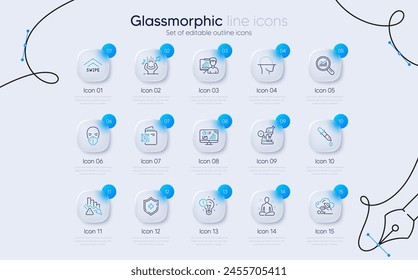 Set of Medical shield, Face scanning and Qr code line icons for web app. Presentation board, Swipe up, Data analysis icons. Time management, Noise, Deflation signs. Analytics graph, Yoga. Vector