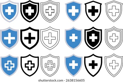 Set of medical shields featuring a cross symbol in multiple color variations and outlines
