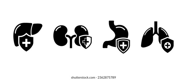 Set of medical shields with liver, kidneys, stomach and lungs vector icons. Safety or protection internal organs. Vector 10 Eps.