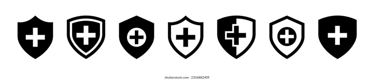Set of medical shields with plus vector icons. Safety or protection health. Vector 10 Eps.