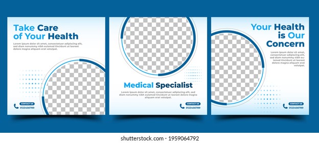 Set of Medical social media post template design. Modern banner design with blue line frame color. Usable for social media post, flyer, card, and website.