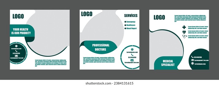 Set of Medical social media post template. Modern banner design, place for the photo. Suitable for social media, websites, flyers, and banners.
