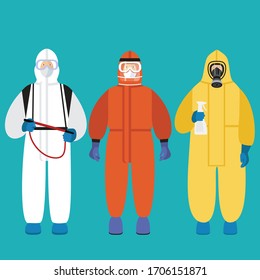 a set of medical special protective uniforms. three people in special clothing for sanitary treatment. the flat pattern. stock vector illustration. EPS 10.