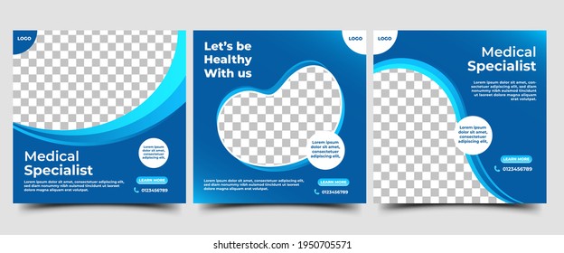 Set Of Medical Square Banner Design Template. Modern Banner With Blue Wave Frame And Place For The Photo. Suitable For Social Media Post, Banners, Signs, Flyers, And Websites.