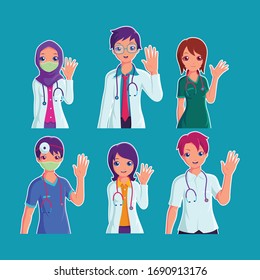 Set of medical staff characters fight against COVID-19