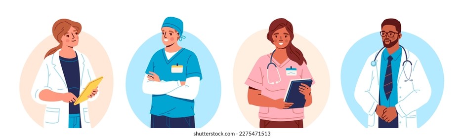 Set of medical staff. Male and female doctors, therapists, nurses, general practitioners and surgeons. Medicine and treatment of diseases. Cartoon flat vector collection isolated on white background