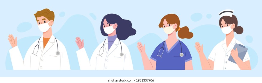 Set of medical staff in same posture. Doctor and nurse. Character for medical infographic, banner sign, website. Medical personnel. Flat vector illustration cartoon.