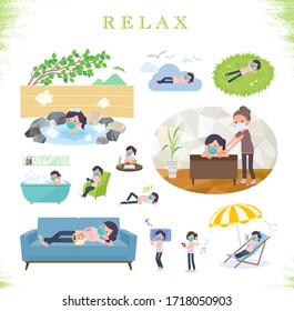 A set of Medical staff women wearing N95mask about relaxing.There are actions such as vacation and stress relief.It's vector art so it's easy to edit.