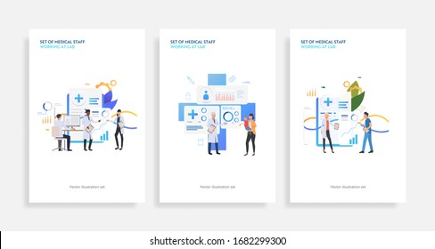 Set of medical staff working at lab. Flat vector illustrations of clinic, medical lab. Treatment, consultation, child care concept for banner, website design or landing web page