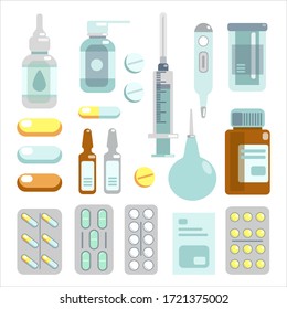 Set of medical supplies, bottles liquids, thermometer, syringe, enema, pills vector flat illustration. Pharmacy purchases. Drugstore concept. Design for pattern, banner, card