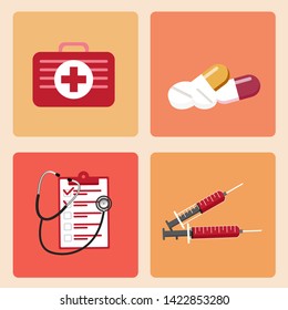 Set of medical supplies, healthcare diagnosis and treatment. pillsbox, tablets, pill, blister, vitamins, syringe, liquid medicine, stethoscope, clipbord.Vector, illustration 