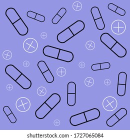 A set of medical supplies. Patterns with tablets. Lots of pills. 