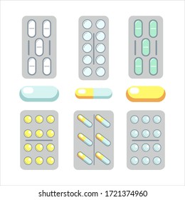 Set of medical supplies, tablets,  blister, pills vector flat illustration isolated on white background. Pharmacy purchases. Drugstore concept. Design for pattern, banner, card