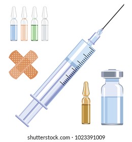 Set of medical supplies for vaccination, injections isolated on white background. ?lastic medical syringe with needle, vial, plaster and colored ampoules. Vector image.