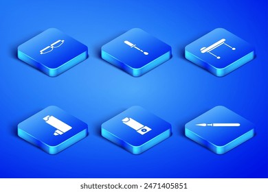 Set Medical surgery scalpel, Safety goggle glasses, Inhaler, Pipette and Stretcher icon. Vector