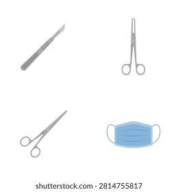 Set of medical surgical instruments including a scalpel, two types of metal scissors, and a light blue protective face mask for clinical surgery