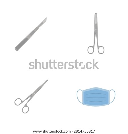 Set of medical surgical instruments including a scalpel, two types of metal scissors, and a light blue protective face mask for clinical surgery