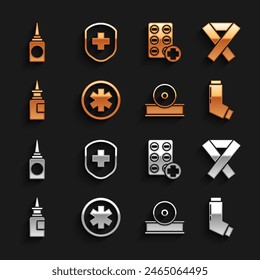 Set Medical symbol of the Emergency, Awareness ribbon, Inhaler, Otolaryngological head reflector, Bottle nasal spray, Pills in blister pack,  and shield with cross icon. Vector