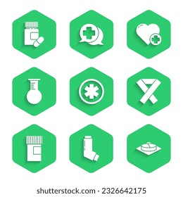 Set Medical symbol of the Emergency, Inhaler, Medicine pill or tablet, Awareness ribbon, bottle, Test tube and flask, Heart with cross and pills icon. Vector