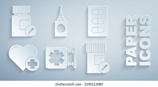 Set Medical symbol of the Emergency, Pills in blister pack, Heart with cross, Medicine bottle and pills, Bottle nasal spray and  icon. Vector