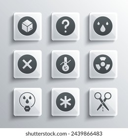 Set Medical symbol of the Emergency, Scissors with cut line, Radioactive, Meteorology thermometer, Water drop forbidden, X Mark, Cross circle, Carton cardboard box and  icon. Vector