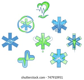 set of medical symbols for hospital, doctor - heartbeat, ambulance, hand, stethoscope, syringe, thermometer, amalgamation of people, clover leaf, care and help -stars on a separate layer

