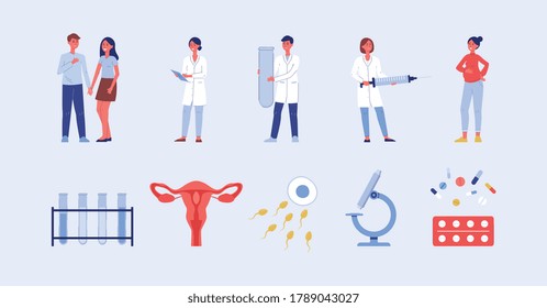 Set of medical symbols on topic of fertility and reproductive function treatment , flat vector illustration isolated on background. Human reproduction items collection.