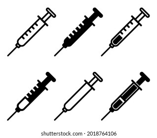 Set of medical syringe icons. Syringe or vaccine for injection. Medicine, syringe signs, isolated on white background. Logotype collection of syringes with medicine. Vector illustration.