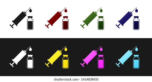 Set Medical syringe with needle and vial or ampoule icon isolated on black and white background. Vaccination, injection, vaccine, insulin concept. Vector Illustration