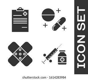 Set Medical syringe with needle and vial or ampoule, Medical clipboard with clinical record, Crossed bandage plaster and Medicine pill or tablet icon. Vector