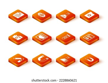 Set Medical syringe and vial, Magnet, Health record folder, Network port cable socket, DNA research, search and icon. Vector