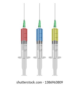 Set of medical syringes. Syringes are filled with a solution of vaccine. Illustration of medical syringes with needles in realistic style. Vector EPS 10 illustration