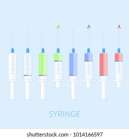 Set of medical syringes. Fluid inside the syringe. Blue background and flat style. Vector illustration.
