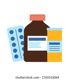 Set of medical syrop, potion and pills in a big and small bottles on the white background for clinic and hospital. Simple modern graphic shape. Flat vector illustration.