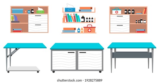 Set of medical tables on wheels for examining animals. Surgical table, medical cabinet, examination table. Shelves with medicines, folders, first aid, medicines, disposable wipes. Vet clinic equipment