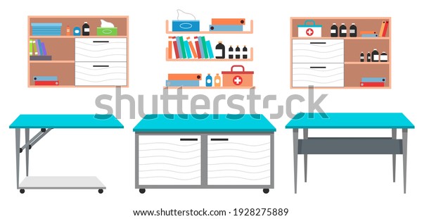 Set of medical tables on wheels for examining\
animals. Surgical table, medical cabinet, examination table.\
Shelves with medicines, folders, first aid, medicines, disposable\
wipes. Vet clinic\
equipment