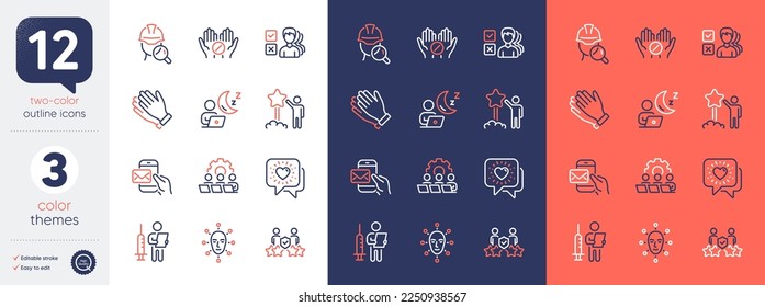 Set of Medical tablet, Star and Messenger mail line icons. Include Vaccination announcement, Clapping hands, Face biometrics icons. Friends chat, Teamwork, Shift web elements. Inspect. Vector