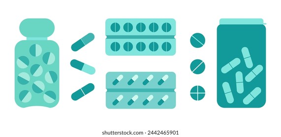 Un conjunto de tabletas médicas y cápsulas. Ampollas y frascos con medicamentos aislados sobre fondo blanco. Para el diseño de productos médicos. Diseño vectorial en estilo plano 