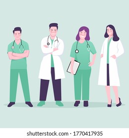 Set of medical team characters. Standing together in different poses. Heroes fighting covid-19 virus