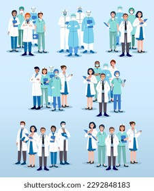 Set of medical team . Physician and nurse cartoon characters . Flat design . Vector .