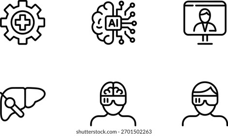 Eine Reihe von Symbolen der Medizintechnik. Umfasst künstliche Intelligenz, virtuelle Realität, Telemedizin, Leberchirurgie und medizinische Ausrüstung. Einzeln auf weißem Hintergrund. Vektorgrafik.