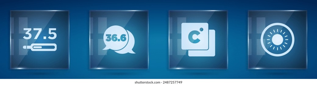 Termómetro médico, , Celsius y Sun. Paneles de vidrio cuadrado. Vector