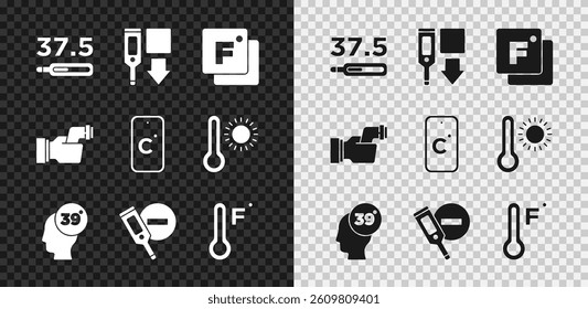 Set Medical thermometer, Digital, Fahrenheit, High human body temperature, Meteorology, Checking and Celsius icon. Vector