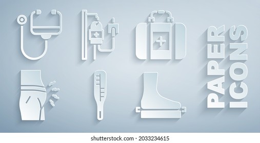 Set Medical thermometer, First aid kit, Abdominal bloating, Flat foot, IV bag and Stethoscope icon. Vector