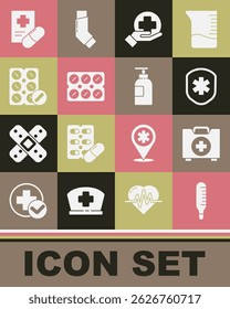 Set Medical thermometer, First aid kit, shield with cross, Cross hospital medical, Pills in blister pack, prescription and Hand sanitizer bottle icon. Vector