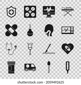 Set Medical thermometer, Healed broken heart, Monitor with cardiogram, Enema, Crossed bandage plaster, Life insurance in hand and Sore throat icon. Vector